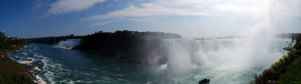 Panoramic view of Niagara Falls with Rainbow Bridge at the left. The left falls are the American Falls and the Bridal Veil Falls, to the right the Horseshoe Falls.