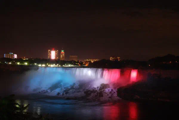 American Falls and Bridal Veil Falls at night