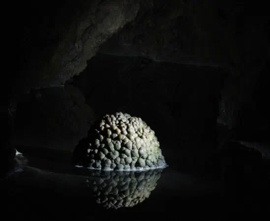 An artifical lake with a beehive. The underground lake had to be drained to make the grottos accessible and a shaft was constructed here by human hands to divert the water into the Lorze. The "beehive" is an underwater formation that was moved into the modern artifical lake.